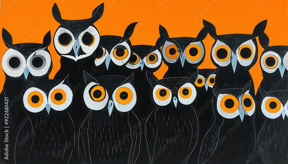 A parliament of peculiar owls peers out with mesmerizing eyes. Their dark silhouettes contrast sharply against a warm orange backdrop, evoking Halloween. A parliament of peculiar owls peers out with mesmerizing eyes. Their dark silhouettes contrast sharply against a warm orange backdrop, evoking Halloween.