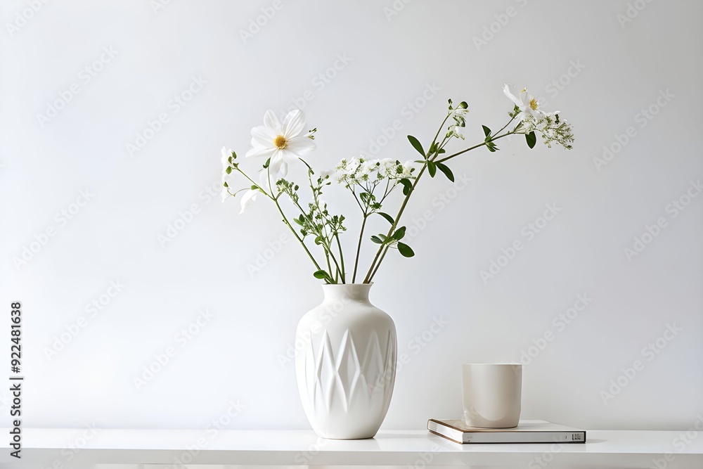 a white vase with flowers on a table and a white background a white vase with flowers on a table and a white background