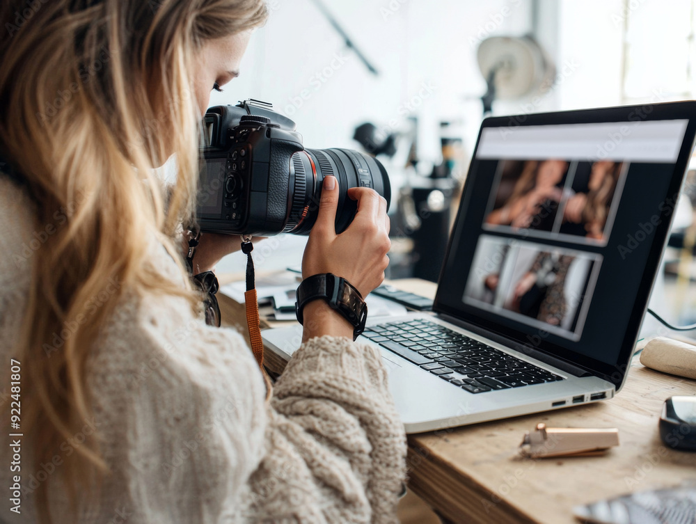 Naklejka premium A woman is taking a picture with a camera while looking at a laptop