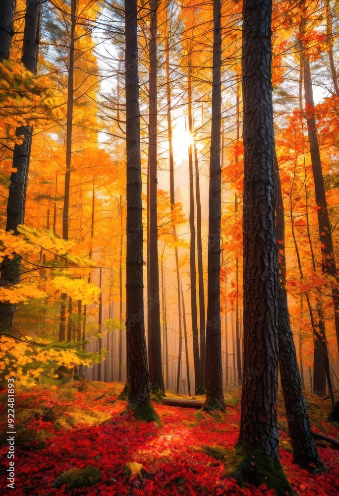 Fototapeta premium breathtaking pine woods surrounded vibrant autumn foliage showcasing kaleidoscope colorful leaves scenic natural beauty, trees, landscape, nature, forest