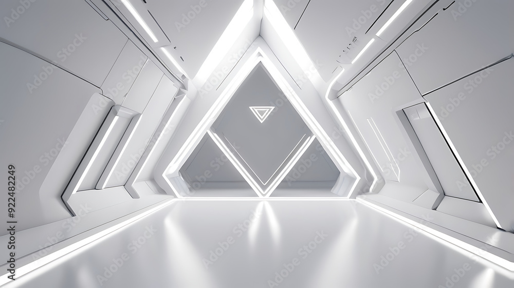 Empty Long Light Corridor. Modern white background. Futuristic Sci-Fi Triangle Tunnel. 3D Rendering Empty Long Light Corridor. Modern white background. Futuristic Sci-Fi Triangle Tunnel. 3D Rendering