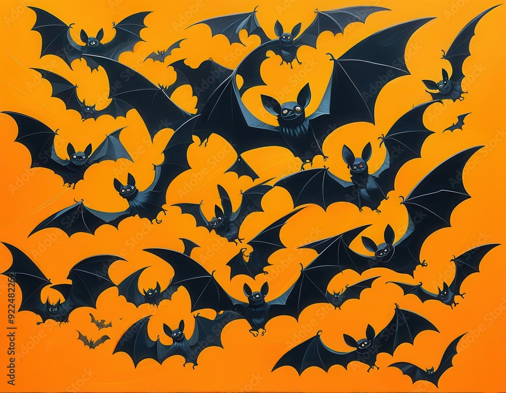 A flurry of shadowy bats takes flight, their silhouettes stark against a vibrant orange sky. Wings spread wide, they embody Halloween's eerie spirit. A flurry of shadowy bats takes flight, their silhouettes stark against a vibrant orange sky. Wings spread wide, they embody Halloween's eerie spirit.
