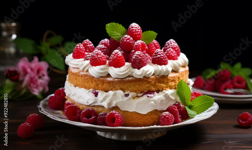 Delicious Cake with Whipped Cream and Raspberries