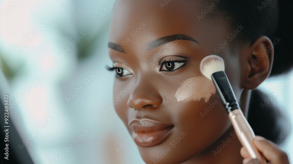 Woman applying makeup foundation with a brush Woman applying makeup foundation with a brush