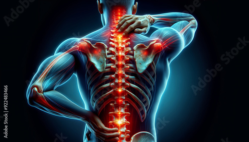 Digital illustration of a human figure with the spine and neck highlighted in red, indicating pain or inflammation.
