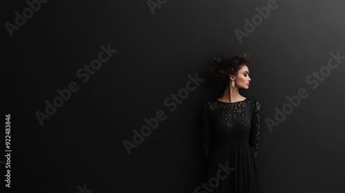 Stylish woman in elegant black dress facing sideways against a minimalist dark background, emphasizing the contrast and her sophisticated attire in a refined pose.