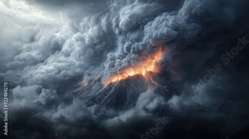 A stunning view of a volcano erupting with molten lava flowing on its slopes, enveloped in thick, dark smoke, illustrating nature's intense and chaotic beauty. photo