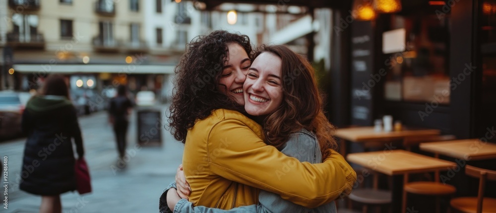 Fototapeta premium Two women hugging outside a cafe