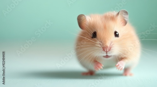 A close-up photo capturing the adorable tiny features of a light-colored hamster standing on its hind legs against a plain light green background, exuding cuteness.