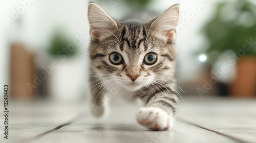 A gray tabby kitten with piercing eyes walking inquisitively on a wooden floor with a blurred background, symbolizing curiosity and playfulness in a home setting. photo