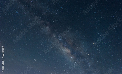 milky way and star on dark background.Universe filled with stars, nebula and galaxy with noise and grain.Photo by long exposure and select white balance.Dark night sky.