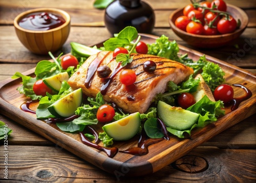 Freshly prepared salmon and avocado salad garnished with mixed greens, cherry tomatoes, and a drizzle of rich balsamic vinaigrette on a rustic wooden plate. photo