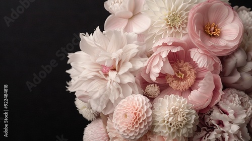  Close-up of a bouquet of white and pink flowers against a dark backdrop