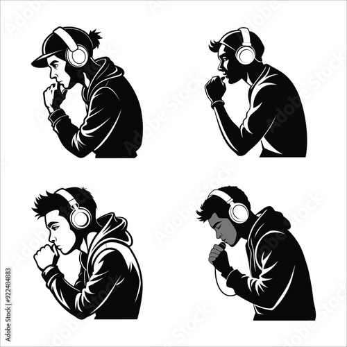 "Silhouette of Beatboxer in Action Wearing Headphones with Focused Stance on White Background"
