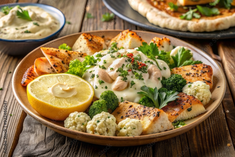 Freshly prepared vegan dish featuring roasted cauliflower and salmon, topped with sesame seeds and creamy tahini dressing, served chilled with hummus and pita bread. Freshly prepared vegan dish featuring roasted cauliflower and salmon, topped with sesame seeds and creamy tahini dressing, served chilled with hummus and pita bread.
