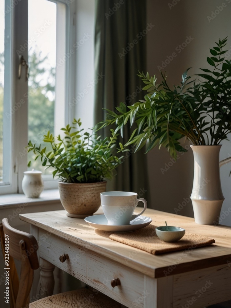 A small table with a white cup. There are some green potted plants next to the table. Peaceful and harmonious scene makes people feel comfortable. AI generated. A small table with a white cup. There are some green potted plants next to the table. Peaceful and harmonious scene makes people feel comfortable. AI generated.