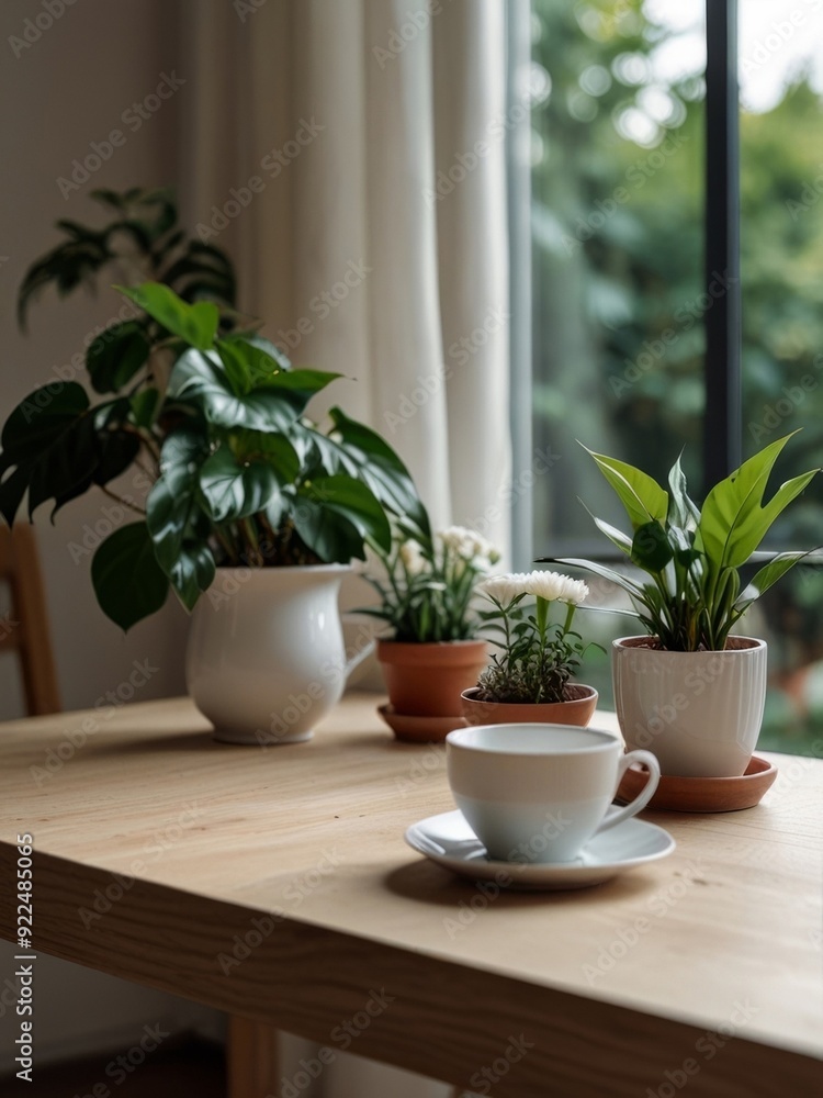 A small table with a white cup. There are some green potted plants next to the table. Peaceful and harmonious scene makes people feel comfortable. AI generated. A small table with a white cup. There are some green potted plants next to the table. Peaceful and harmonious scene makes people feel comfortable. AI generated.