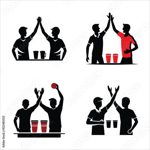 "Silhouette of Two Teammates High-Fiving After Winning Beer Pong Game with Expressive Postures on White Background"
