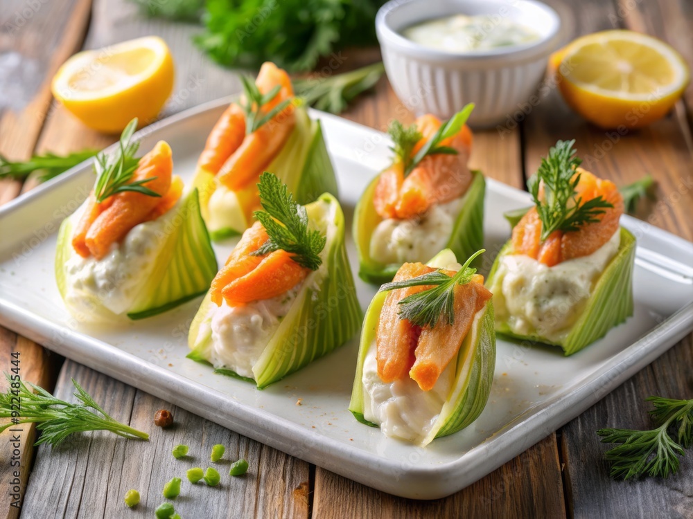 Delicate zucchini blossoms overflow with a rich salmon and cream cheese filling, garnished with lemon zest and fresh dill, served with a refreshing tzatziki sauce. Delicate zucchini blossoms overflow with a rich salmon and cream cheese filling, garnished with lemon zest and fresh dill, served with a refreshing tzatziki sauce.