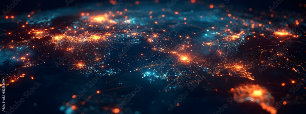 Fototapeta premium A digital map of the world with glowing connections between cities, representing global connectivity and data transfer across national borders