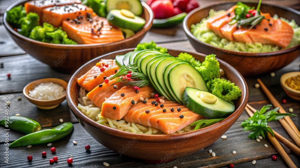 Vibrant, fresh sushi bowls overflow with grilled salmon, creamy avocado, pickled ginger, and wasabi, garnished with sesame seeds and sriracha, paired with steaming miso soup and crisp salad. Vibrant, fresh sushi bowls overflow with grilled salmon, creamy avocado, pickled ginger, and wasabi, garnished with sesame seeds and sriracha, paired with steaming miso soup and crisp salad.
