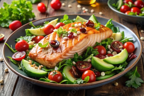 Fresh salmon fillet atop mixed greens with sliced avocado, cherry tomatoes, and crumbled feta, drizzled with rich balsamic vinaigrette and garnished with parsley.