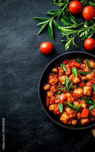 Stewed vegetables and herbs, served in a black bowl, garnished with fresh tomatoes and greenery.