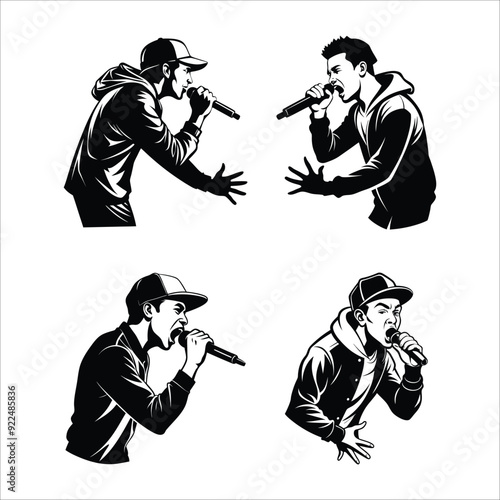 "Silhouette of Freestyle Beatboxer with Expressive Hand Gestures Mid-Performance on White Background"
