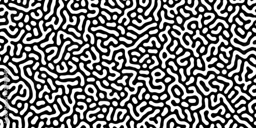 Abstract Turing organic wallpaper with background. Turing reaction diffusion monochrome seamless pattern with chaotic motion. Natural seamless line pattern. Linear design with biological shapes.