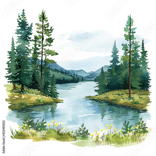 spring lake lanscape vector illustration in watercolor style