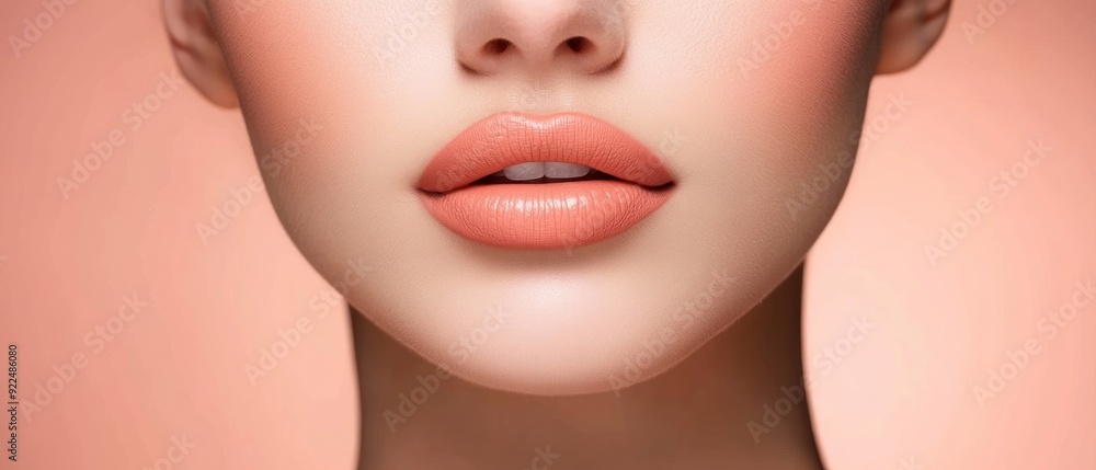 Females pout lips close up portrait. Blowing kiss. Lip hyaluronic injection and correction beauty procedure. Facial treatment concept Females pout lips close up portrait. Blowing kiss. Lip hyaluronic injection and correction beauty procedure. Facial treatment concept