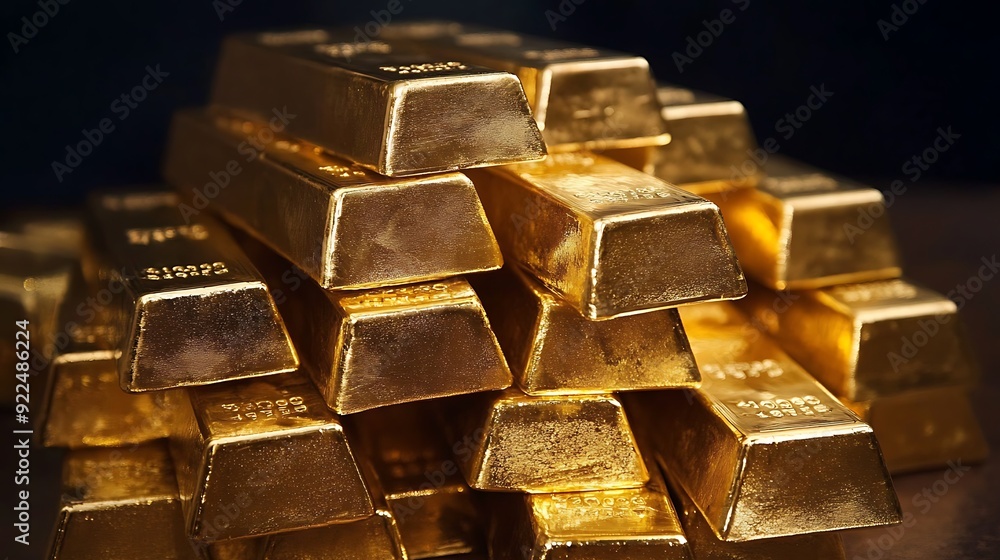 Gold bars are piled up. They shine Gold bars are piled up. They shine