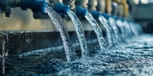 A vibrant and dynamic view of water steadily flowing from industrial pipes, showcasing both efficiency and fluidity