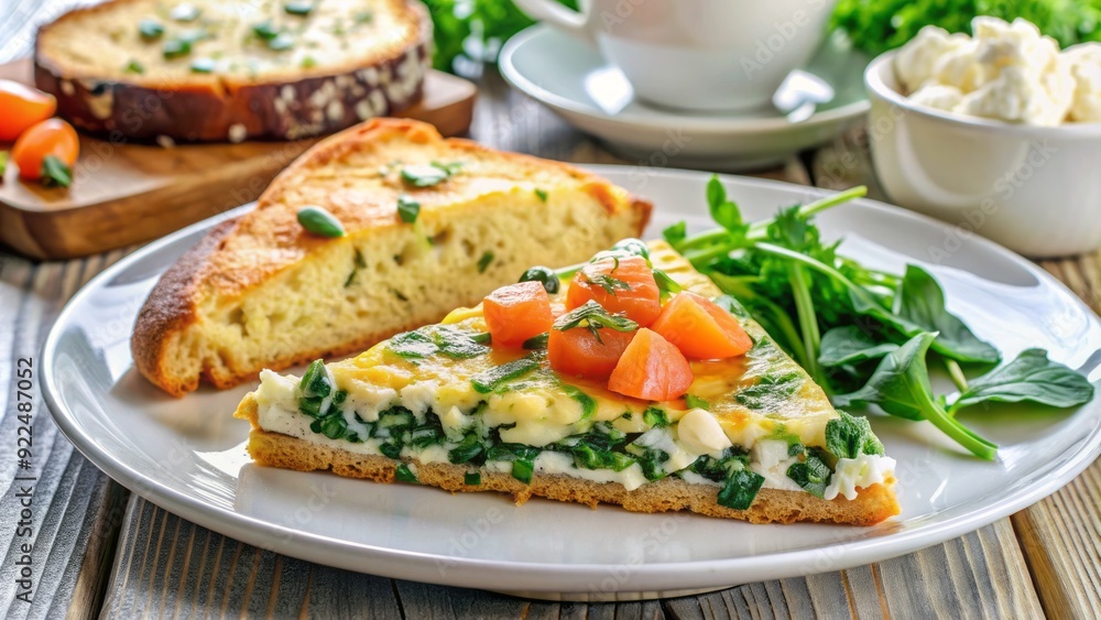 Vibrant breakfast dish featuring a slice of salmon and spinach frittata topped with crumbled feta cheese, served on a white plate with a side of toast. Vibrant breakfast dish featuring a slice of salmon and spinach frittata topped with crumbled feta cheese, served on a white plate with a side of toast.