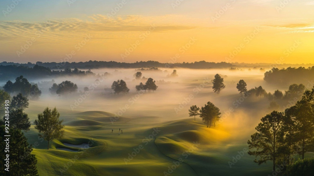 A panoramic view of a golf course at sunrise, with mist hanging over the fairways and golfers starting their round, creating a serene and picturesque scene.