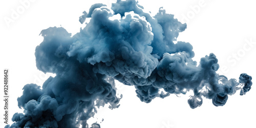 Beautiful blue smoke plume isolated on transparent background. bright orange paint color powder festival background.