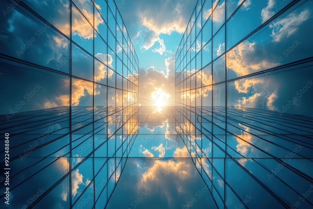 urban geometry low angle view of gleaming glass skyscrapers reflecting clouds and sunlight creating a mesmerizing pattern of lines and reflections