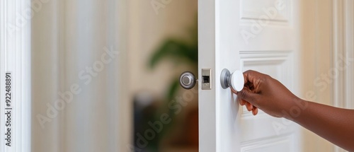 Close-up of a Hand Opening a White Door