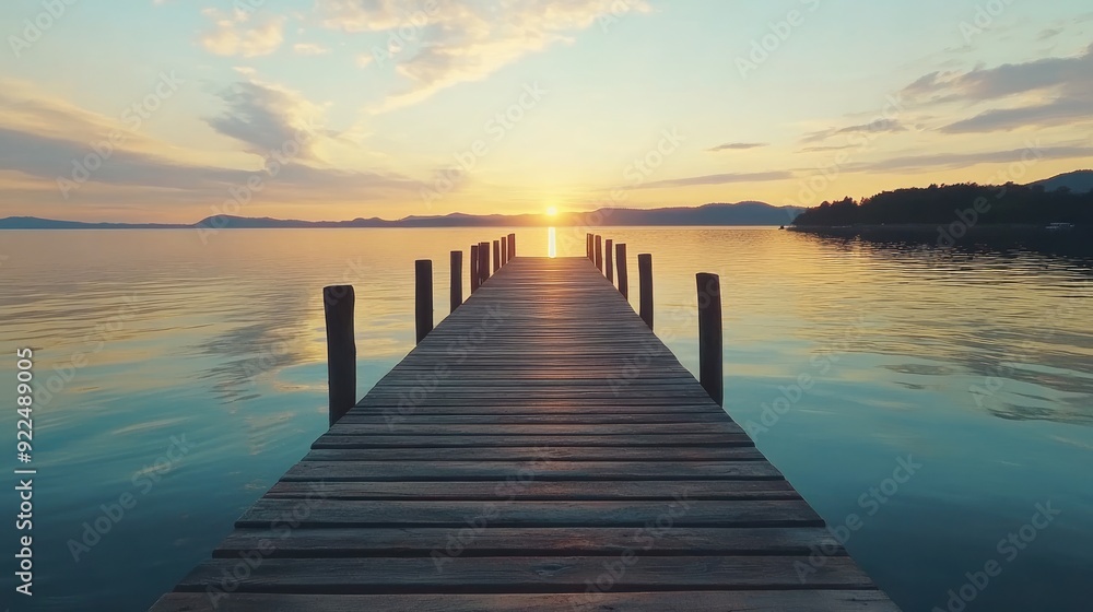 Wooden pier extending over calm water at sunset. background with beautiful landscape Wooden pier extending over calm water at sunset. background with beautiful landscape