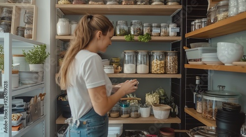 woman organizing her kitchen cabinets, putting items in order