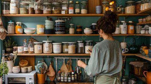 woman organizing her kitchen cabinets, putting items in order