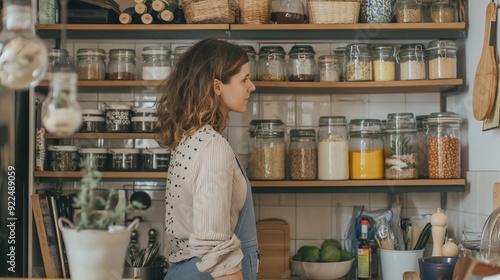 woman organizing her kitchen cabinets, putting items in order