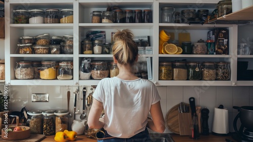 woman organizing her kitchen cabinets, putting items in order