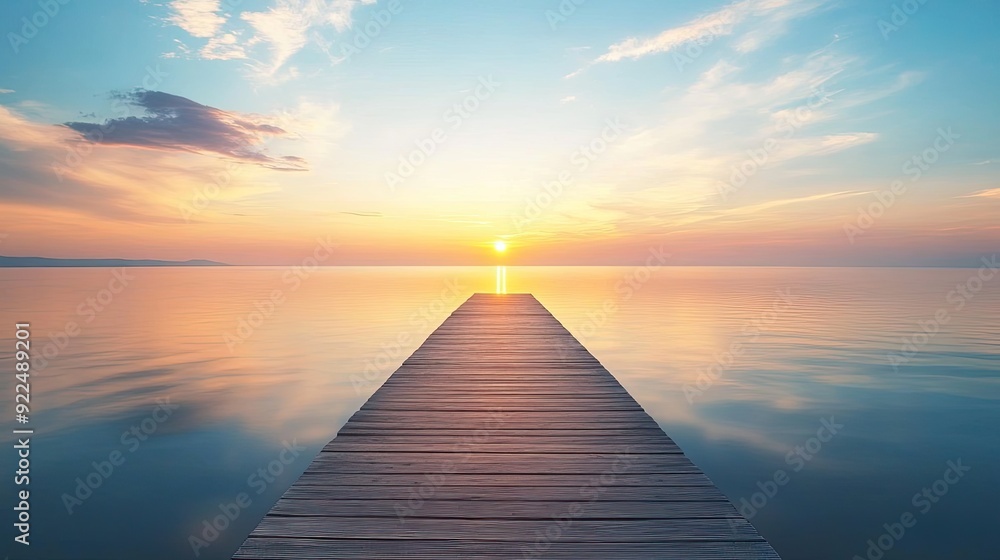 Wooden pier extending over calm water at sunset. background with beautiful landscape Wooden pier extending over calm water at sunset. background with beautiful landscape