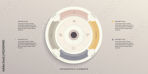 Business process chart infographics with 4 step circles. Round workflow graphic elements. Company flowchart presentation slide. Vector info graphic in flat design