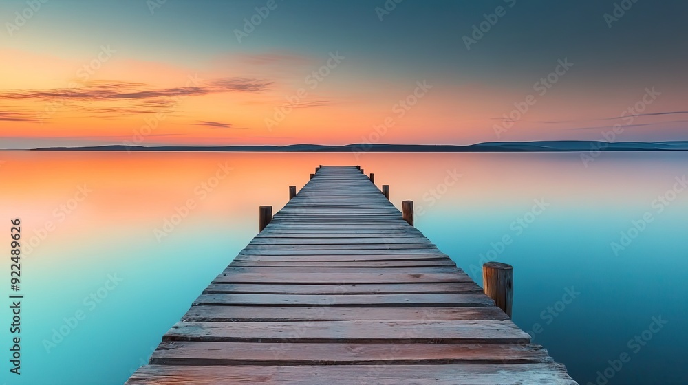 Wooden pier extending over calm water at sunset. background with beautiful landscape Wooden pier extending over calm water at sunset. background with beautiful landscape