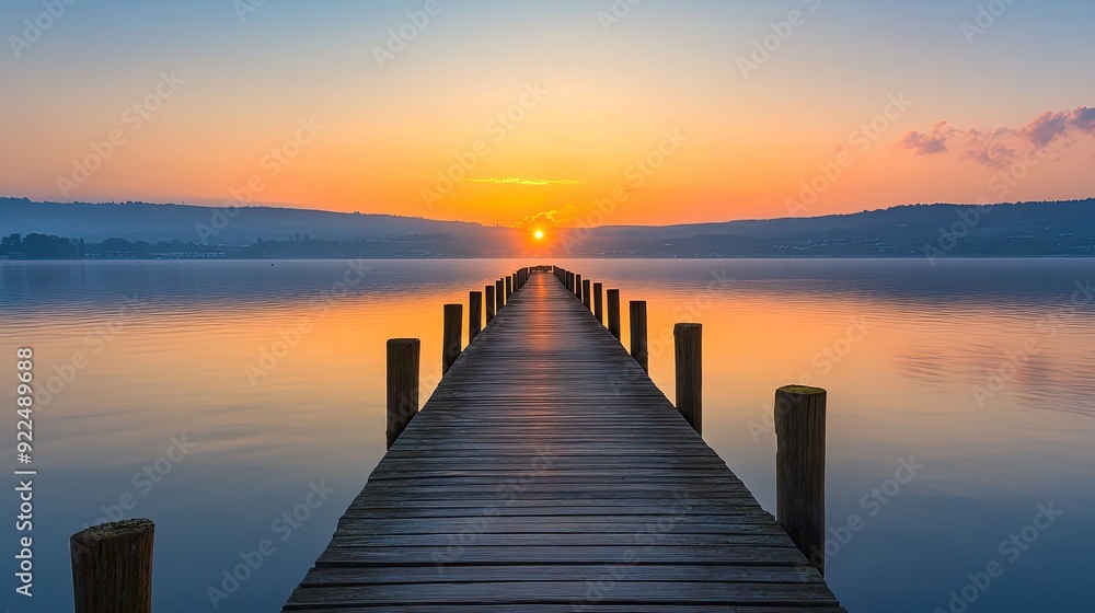 Obraz premium Wooden pier extending over calm water at sunset. background with beautiful landscape