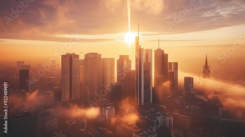 breathtaking view of a city skyline at dawn with the first rays of sunlight