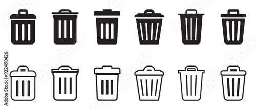 A collection of trash bin icons. Recycling bin with lines.