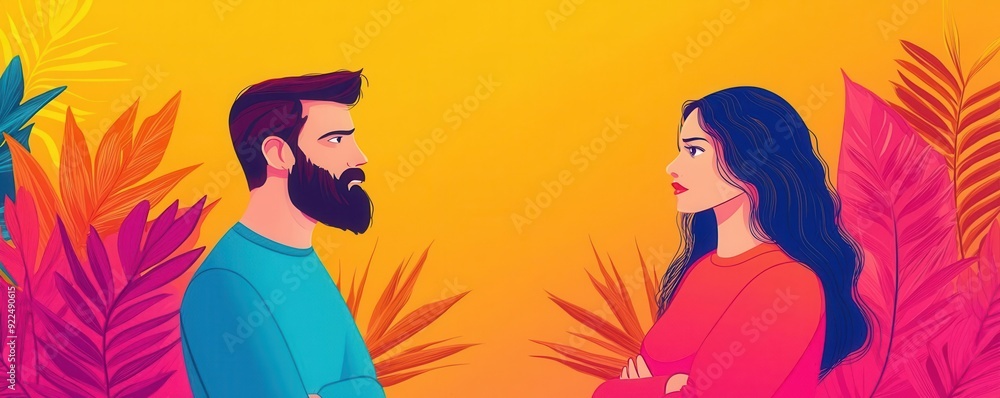 A colorful illustration of a couple facing each other with an intense expression, surrounded by vibrant tropical leaves. A colorful illustration of a couple facing each other with an intense expression, surrounded by vibrant tropical leaves.